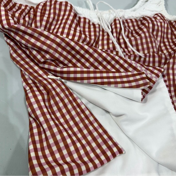 ZARA Gingham Corset Milk Maid Tank Top Rust White Ruched Tie Women’s Size XL - Picture 8 of 9